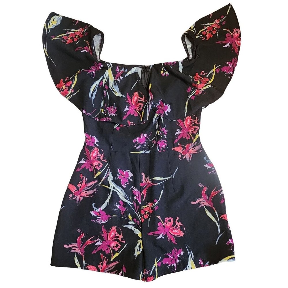 Leith Romper Womens Size L Large‎ Black Floral Ruffle Neckline Off Shoulder